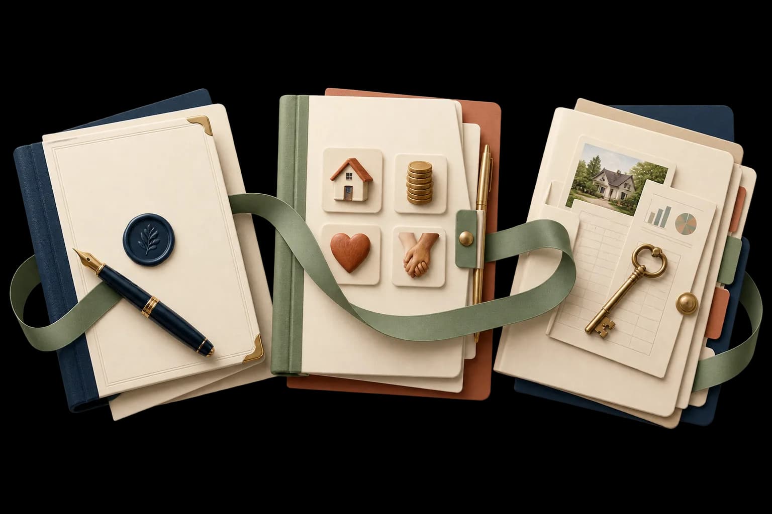 Three estate planning folders tied together with a green ribbon, with a pen, a key and a house