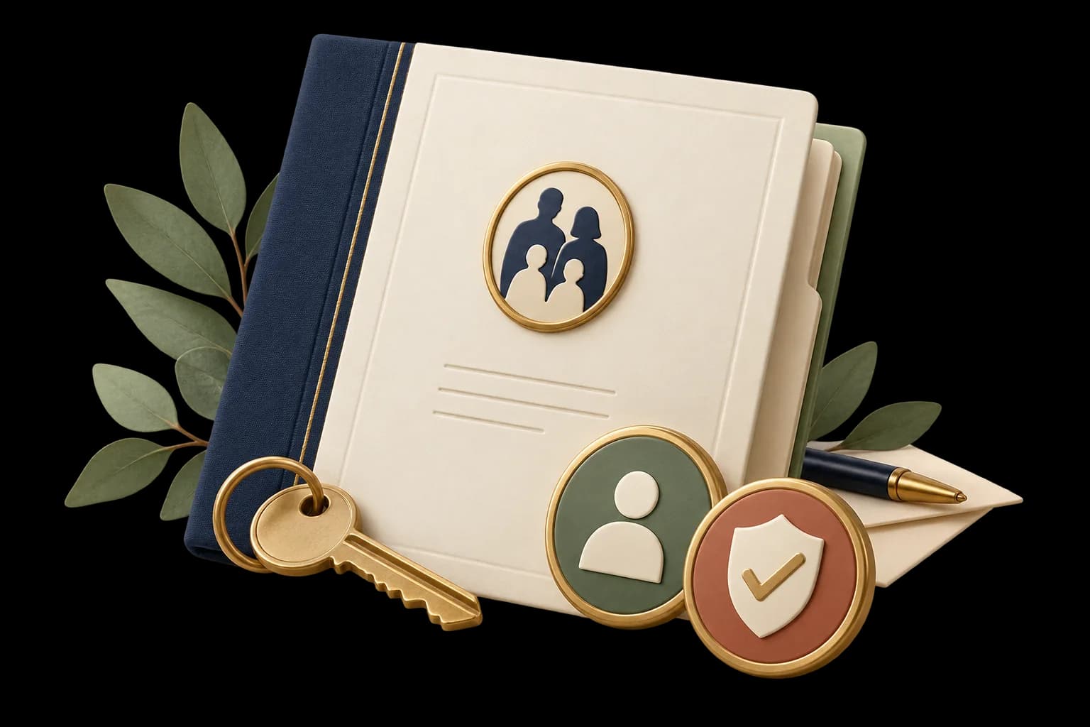 A family folder with a key, a person badge and a shield with a tick